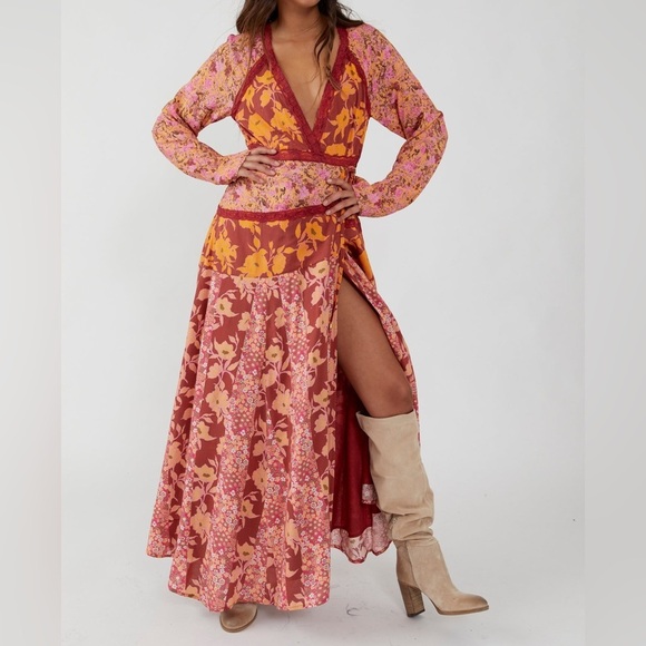 Free People Dresses & Skirts - Free People Tilda Dress XS Fall Floral Maxi Pumpkin Spice Vibes Autumn Boho 🍂